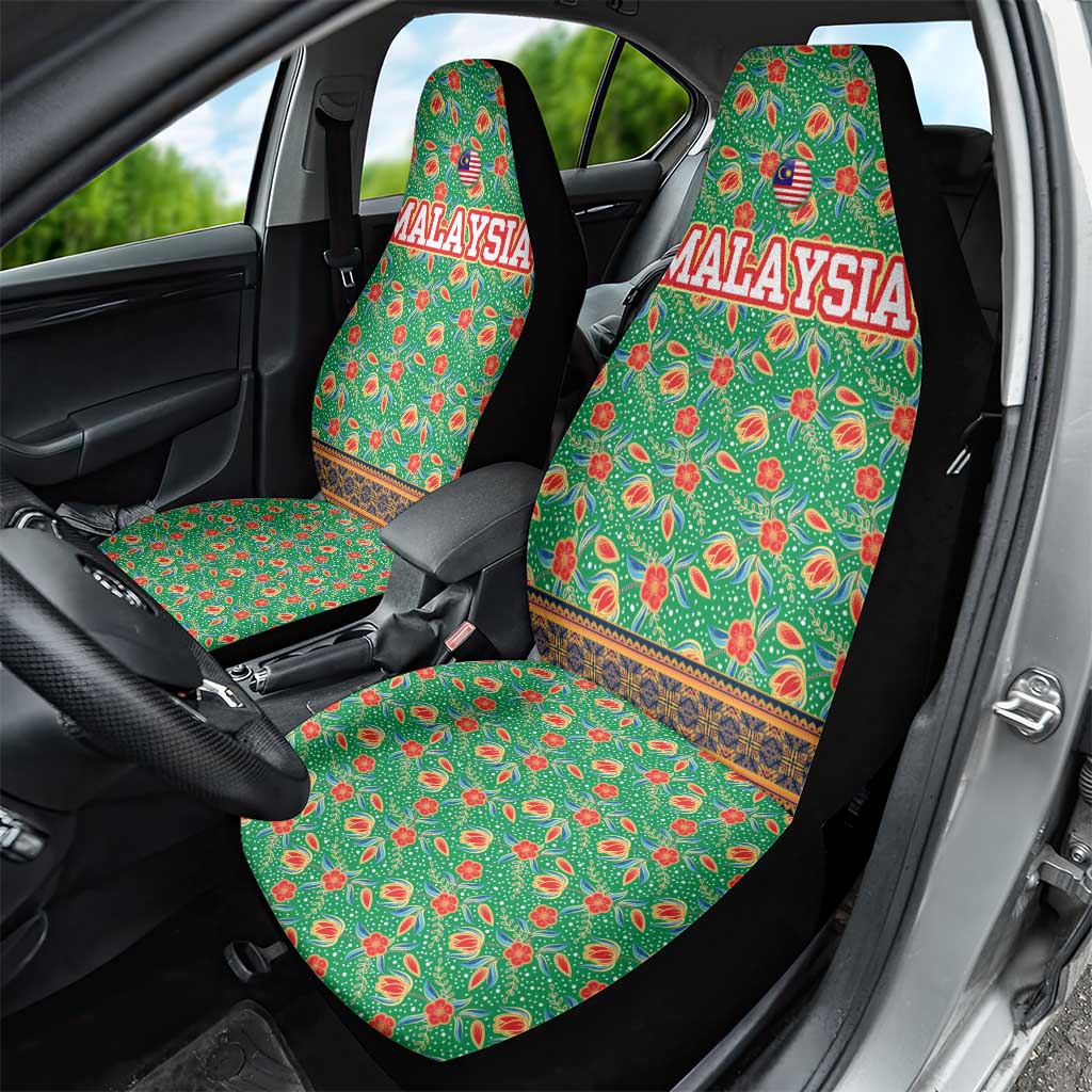 Traditional Malaysian Batik Floral Car Seat Cover with Green Tulip and Red Blossom Pattern
