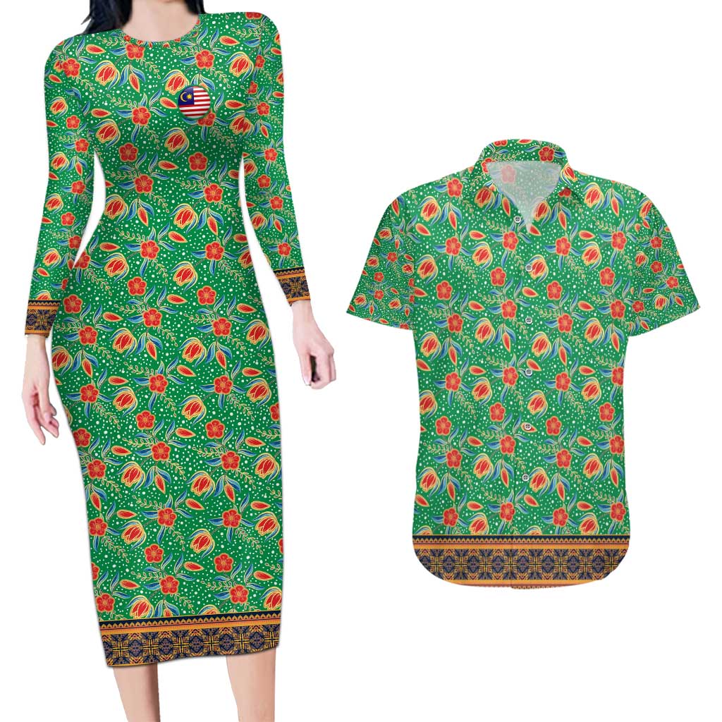 Traditional Malaysian Batik Floral Couples Matching Long Sleeve Bodycon Dress and Hawaiian Shirt with Green Tulip and Red Blossom Pattern