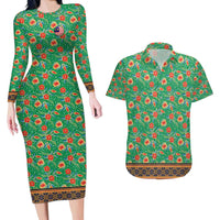 Traditional Malaysian Batik Floral Couples Matching Long Sleeve Bodycon Dress and Hawaiian Shirt with Green Tulip and Red Blossom Pattern