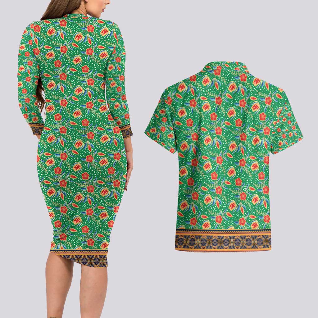 Traditional Malaysian Batik Floral Couples Matching Long Sleeve Bodycon Dress and Hawaiian Shirt with Green Tulip and Red Blossom Pattern