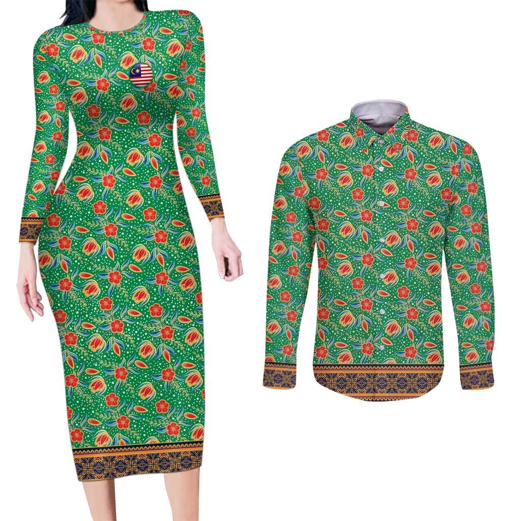 Traditional Malaysian Batik Floral Couples Matching Long Sleeve Bodycon Dress and Long Sleeve Button Shirt with Green Tulip and Red Blossom Pattern