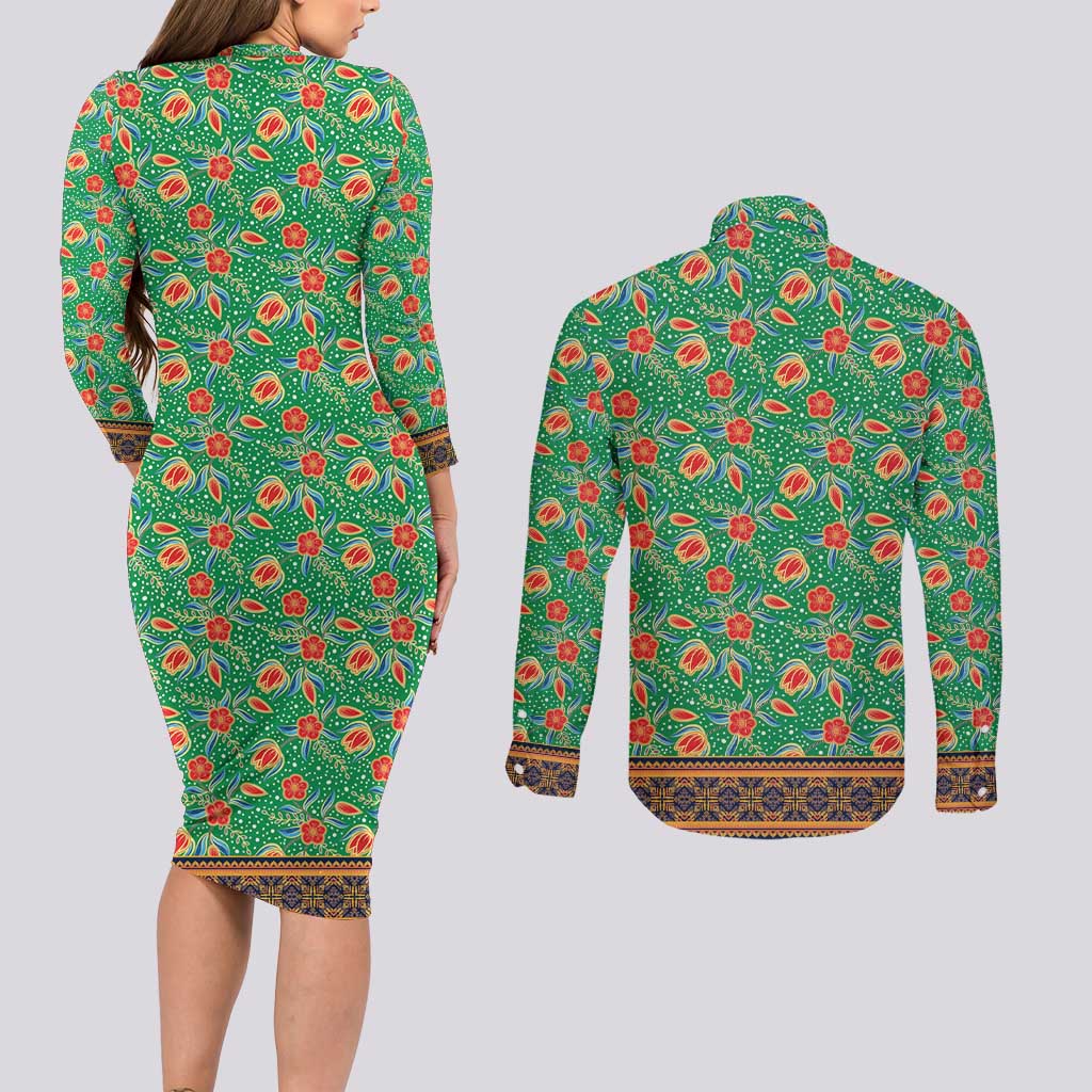 Traditional Malaysian Batik Floral Couples Matching Long Sleeve Bodycon Dress and Long Sleeve Button Shirt with Green Tulip and Red Blossom Pattern