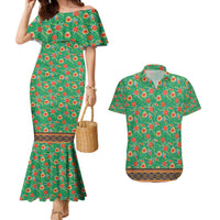 Traditional Malaysian Batik Floral Couples Matching Mermaid Dress and Hawaiian Shirt with Green Tulip and Red Blossom Pattern