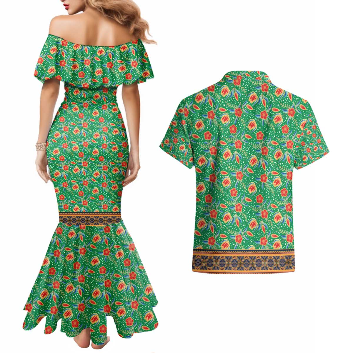 Traditional Malaysian Batik Floral Couples Matching Mermaid Dress and Hawaiian Shirt with Green Tulip and Red Blossom Pattern