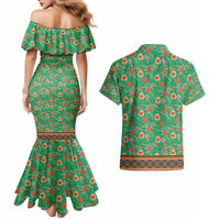Traditional Malaysian Batik Floral Couples Matching Mermaid Dress and Hawaiian Shirt with Green Tulip and Red Blossom Pattern