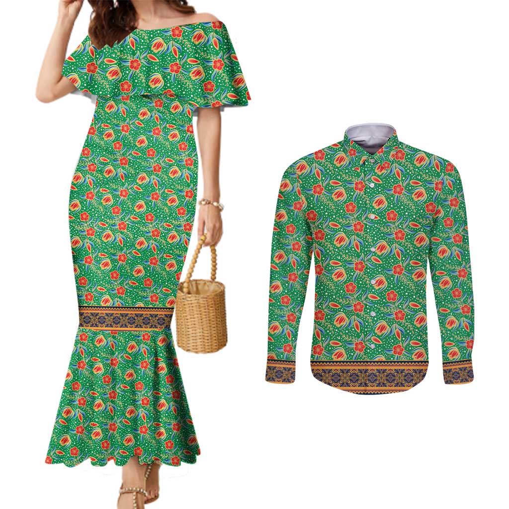 Traditional Malaysian Batik Floral Couples Matching Mermaid Dress and Long Sleeve Button Shirt with Green Tulip and Red Blossom Pattern