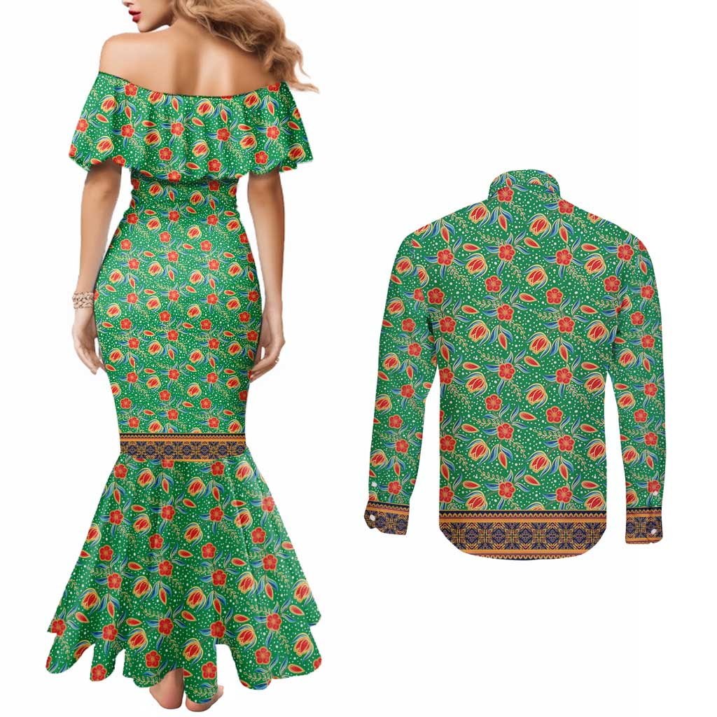 Traditional Malaysian Batik Floral Couples Matching Mermaid Dress and Long Sleeve Button Shirt with Green Tulip and Red Blossom Pattern