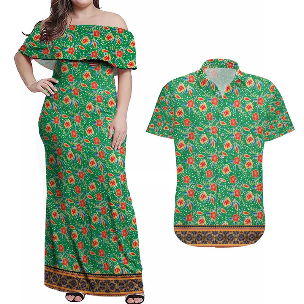 Traditional Malaysian Batik Floral Couples Matching Off Shoulder Maxi Dress and Hawaiian Shirt with Green Tulip and Red Blossom Pattern