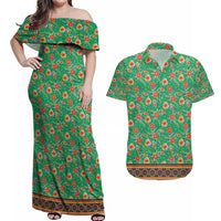 Traditional Malaysian Batik Floral Couples Matching Off Shoulder Maxi Dress and Hawaiian Shirt with Green Tulip and Red Blossom Pattern