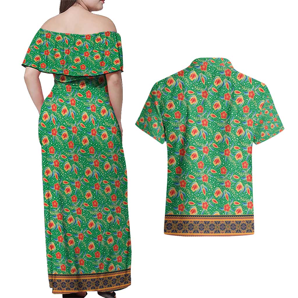 Traditional Malaysian Batik Floral Couples Matching Off Shoulder Maxi Dress and Hawaiian Shirt with Green Tulip and Red Blossom Pattern
