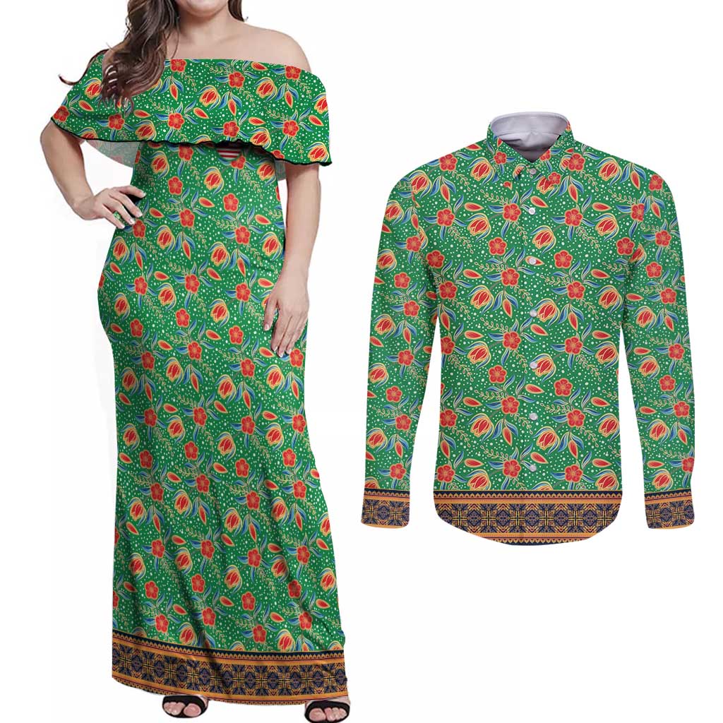 Traditional Malaysian Batik Floral Couples Matching Off Shoulder Maxi Dress and Long Sleeve Button Shirt with Green Tulip and Red Blossom Pattern