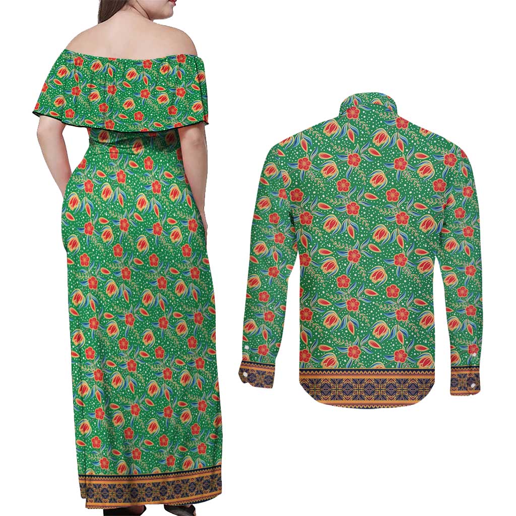 Traditional Malaysian Batik Floral Couples Matching Off Shoulder Maxi Dress and Long Sleeve Button Shirt with Green Tulip and Red Blossom Pattern