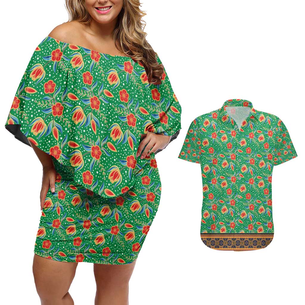 Traditional Malaysian Batik Floral Couples Matching Off Shoulder Short Dress and Hawaiian Shirt with Green Tulip and Red Blossom Pattern