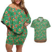 Traditional Malaysian Batik Floral Couples Matching Off Shoulder Short Dress and Hawaiian Shirt with Green Tulip and Red Blossom Pattern