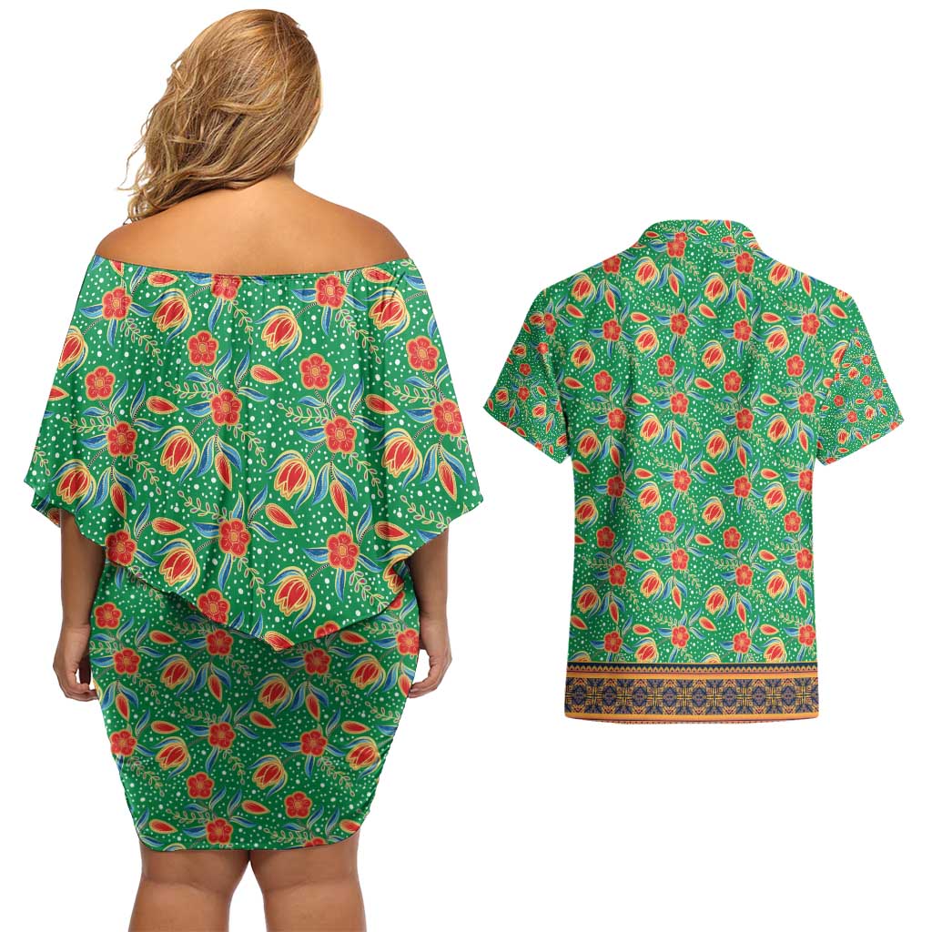 Traditional Malaysian Batik Floral Couples Matching Off Shoulder Short Dress and Hawaiian Shirt with Green Tulip and Red Blossom Pattern
