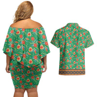Traditional Malaysian Batik Floral Couples Matching Off Shoulder Short Dress and Hawaiian Shirt with Green Tulip and Red Blossom Pattern