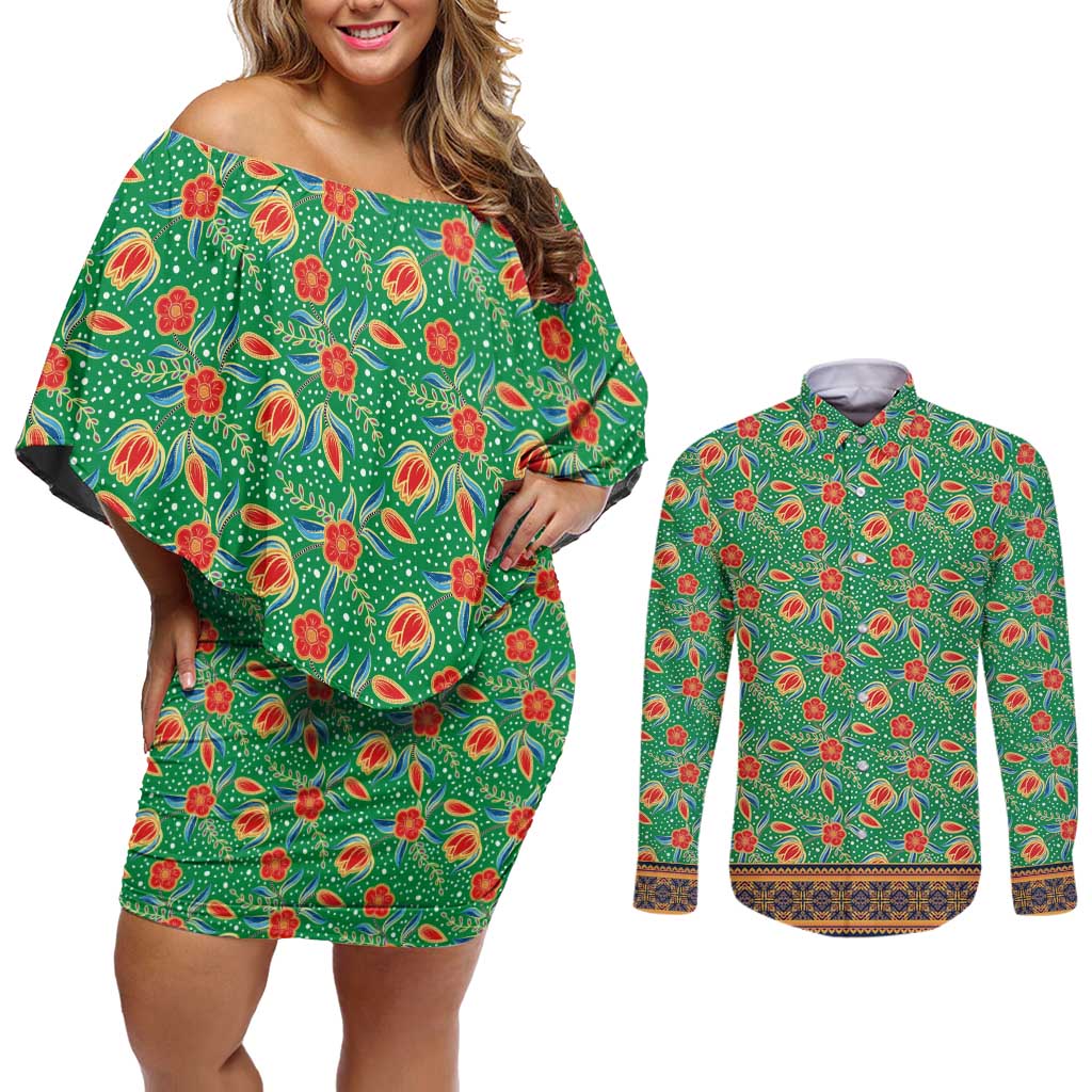 Traditional Malaysian Batik Floral Couples Matching Off Shoulder Short Dress and Long Sleeve Button Shirt with Green Tulip and Red Blossom Pattern