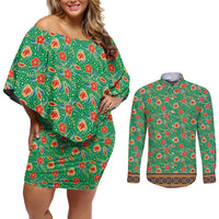 Traditional Malaysian Batik Floral Couples Matching Off Shoulder Short Dress and Long Sleeve Button Shirt with Green Tulip and Red Blossom Pattern