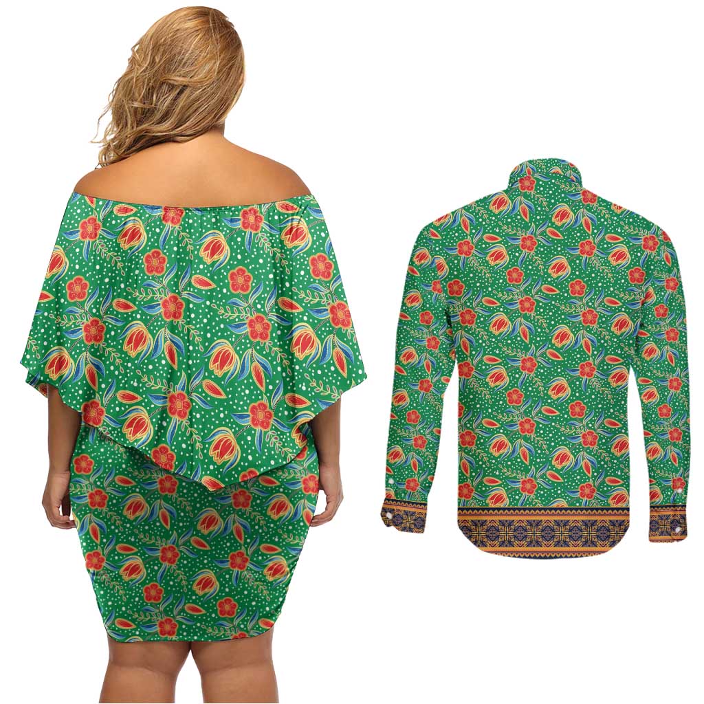 Traditional Malaysian Batik Floral Couples Matching Off Shoulder Short Dress and Long Sleeve Button Shirt with Green Tulip and Red Blossom Pattern