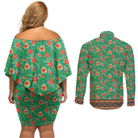 Traditional Malaysian Batik Floral Couples Matching Off Shoulder Short Dress and Long Sleeve Button Shirt with Green Tulip and Red Blossom Pattern