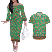 Traditional Malaysian Batik Floral Couples Matching Off The Shoulder Long Sleeve Dress and Hawaiian Shirt with Green Tulip and Red Blossom Pattern