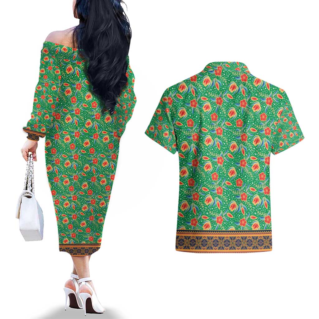 Traditional Malaysian Batik Floral Couples Matching Off The Shoulder Long Sleeve Dress and Hawaiian Shirt with Green Tulip and Red Blossom Pattern