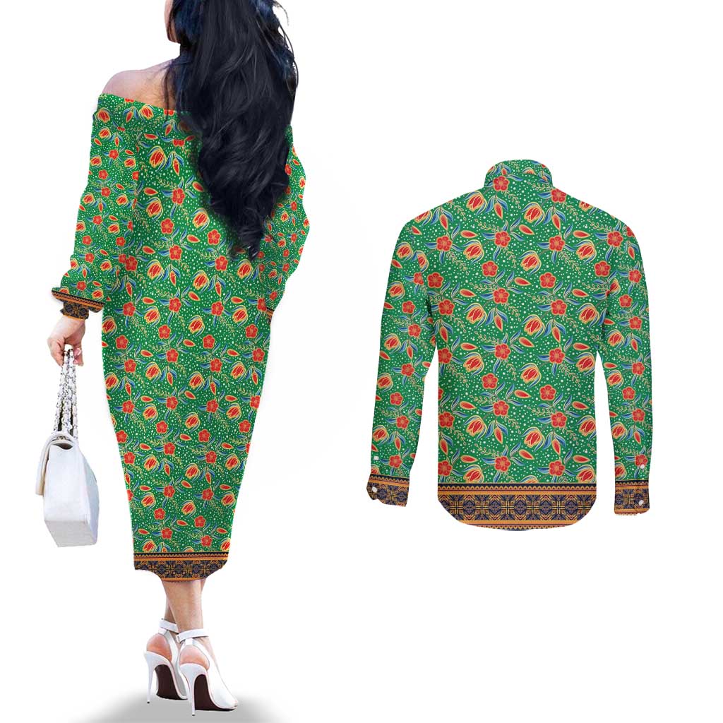 Traditional Malaysian Batik Floral Couples Matching Off The Shoulder Long Sleeve Dress and Long Sleeve Button Shirt with Green Tulip and Red Blossom Pattern