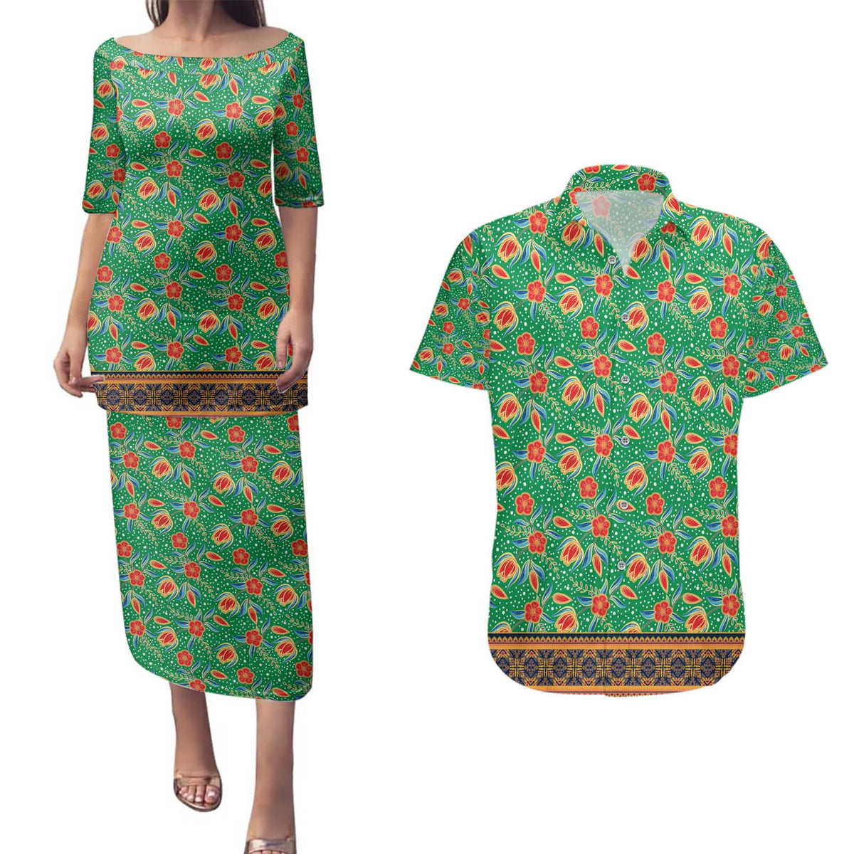 Traditional Malaysian Batik Floral Couples Matching Puletasi and Hawaiian Shirt with Green Tulip and Red Blossom Pattern