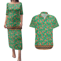 Traditional Malaysian Batik Floral Couples Matching Puletasi and Hawaiian Shirt with Green Tulip and Red Blossom Pattern