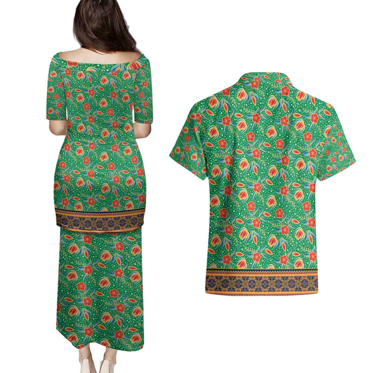 Traditional Malaysian Batik Floral Couples Matching Puletasi and Hawaiian Shirt with Green Tulip and Red Blossom Pattern