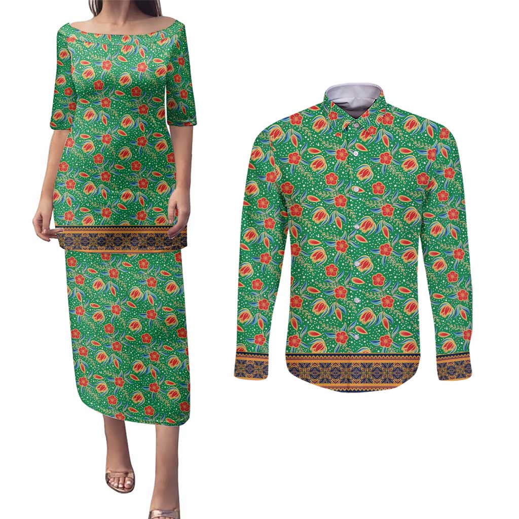 Traditional Malaysian Batik Floral Couples Matching Puletasi and Long Sleeve Button Shirt with Green Tulip and Red Blossom Pattern