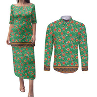 Traditional Malaysian Batik Floral Couples Matching Puletasi and Long Sleeve Button Shirt with Green Tulip and Red Blossom Pattern
