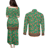 Traditional Malaysian Batik Floral Couples Matching Puletasi and Long Sleeve Button Shirt with Green Tulip and Red Blossom Pattern