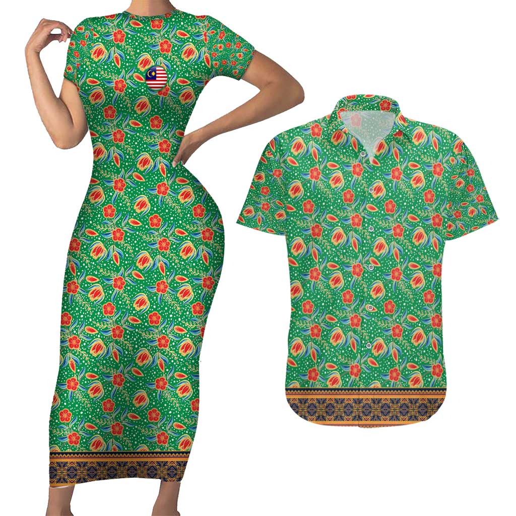 Traditional Malaysian Batik Floral Couples Matching Short Sleeve Bodycon Dress and Hawaiian Shirt with Green Tulip and Red Blossom Pattern