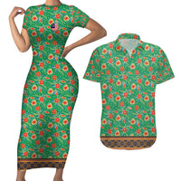 Traditional Malaysian Batik Floral Couples Matching Short Sleeve Bodycon Dress and Hawaiian Shirt with Green Tulip and Red Blossom Pattern