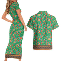 Traditional Malaysian Batik Floral Couples Matching Short Sleeve Bodycon Dress and Hawaiian Shirt with Green Tulip and Red Blossom Pattern