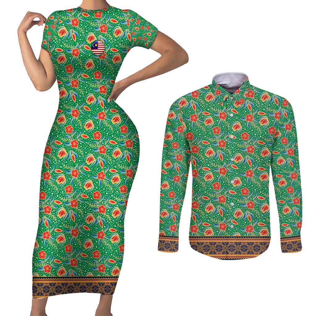 Traditional Malaysian Batik Floral Couples Matching Short Sleeve Bodycon Dress and Long Sleeve Button Shirt with Green Tulip and Red Blossom Pattern