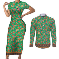 Traditional Malaysian Batik Floral Couples Matching Short Sleeve Bodycon Dress and Long Sleeve Button Shirt with Green Tulip and Red Blossom Pattern