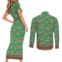 Traditional Malaysian Batik Floral Couples Matching Short Sleeve Bodycon Dress and Long Sleeve Button Shirt with Green Tulip and Red Blossom Pattern