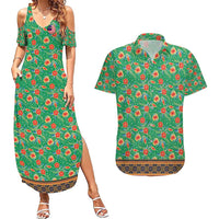 Traditional Malaysian Batik Floral Couples Matching Summer Maxi Dress and Hawaiian Shirt with Green Tulip and Red Blossom Pattern
