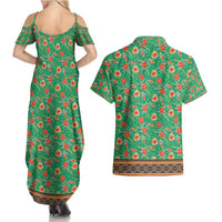 Traditional Malaysian Batik Floral Couples Matching Summer Maxi Dress and Hawaiian Shirt with Green Tulip and Red Blossom Pattern