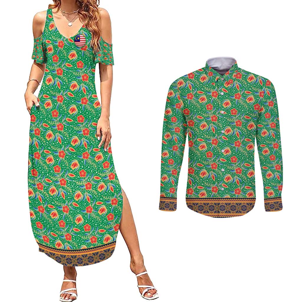 Traditional Malaysian Batik Floral Couples Matching Summer Maxi Dress and Long Sleeve Button Shirt with Green Tulip and Red Blossom Pattern