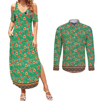 Traditional Malaysian Batik Floral Couples Matching Summer Maxi Dress and Long Sleeve Button Shirt with Green Tulip and Red Blossom Pattern