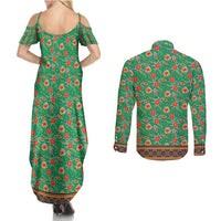 Traditional Malaysian Batik Floral Couples Matching Summer Maxi Dress and Long Sleeve Button Shirt with Green Tulip and Red Blossom Pattern
