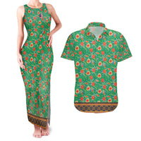 Traditional Malaysian Batik Floral Couples Matching Tank Maxi Dress and Hawaiian Shirt with Green Tulip and Red Blossom Pattern