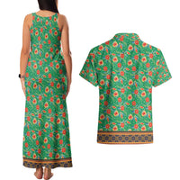 Traditional Malaysian Batik Floral Couples Matching Tank Maxi Dress and Hawaiian Shirt with Green Tulip and Red Blossom Pattern
