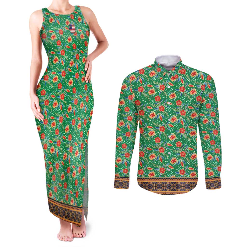 Traditional Malaysian Batik Floral Couples Matching Tank Maxi Dress and Long Sleeve Button Shirt with Green Tulip and Red Blossom Pattern