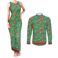Traditional Malaysian Batik Floral Couples Matching Tank Maxi Dress and Long Sleeve Button Shirt with Green Tulip and Red Blossom Pattern