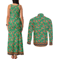 Traditional Malaysian Batik Floral Couples Matching Tank Maxi Dress and Long Sleeve Button Shirt with Green Tulip and Red Blossom Pattern