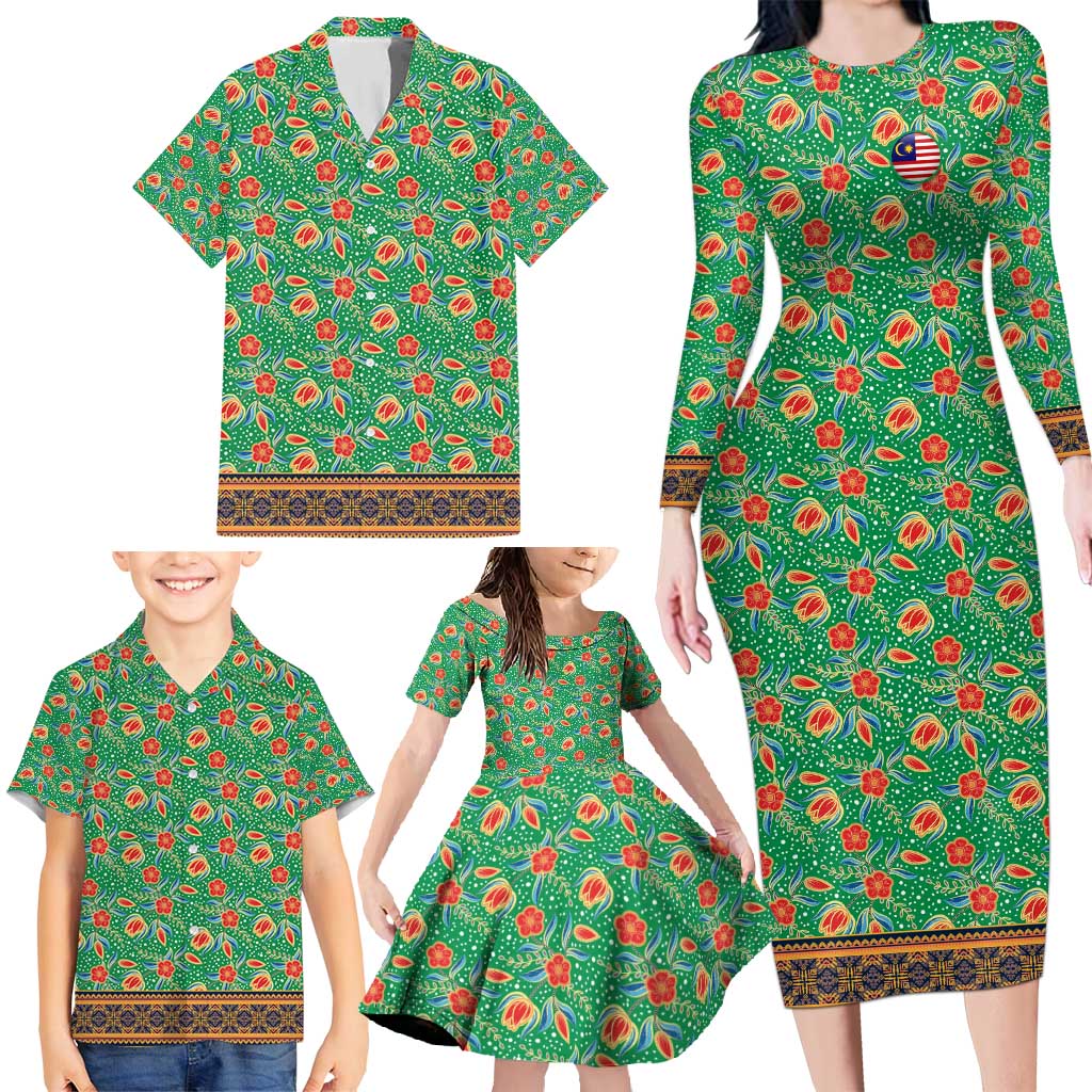 Traditional Malaysian Batik Floral Family Matching Long Sleeve Bodycon Dress and Hawaiian Shirt with Green Tulip and Red Blossom Pattern